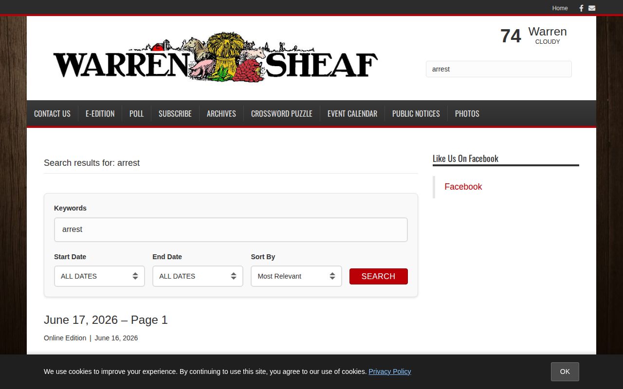 Warren Sheaf search page for arrest coverage in Marshall County