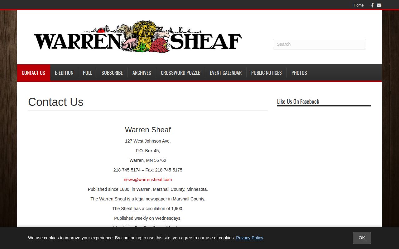 Warren Sheaf contact page showing local weekly newspaper information