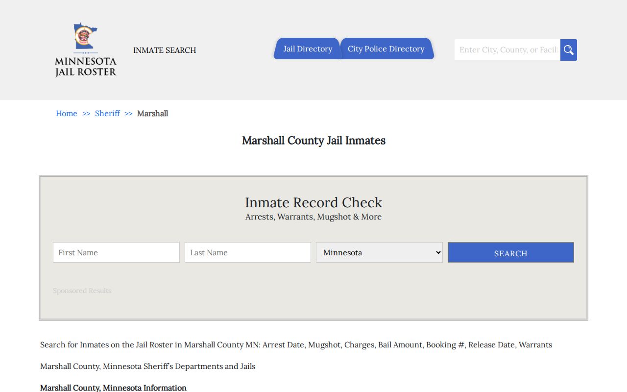 Unofficial MinnesotaJailRoster directory page for Marshall County